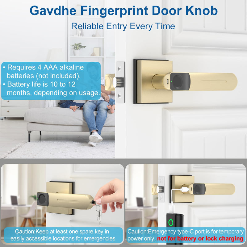 Fingerprint Door Lock & Biometric Door Knob with App – 3-in-1 Keyless Entry Smart Door Lock with Auto-Lock & Interior Lockable, Secure Your Home, Office, Bedroom & Apartment Gold