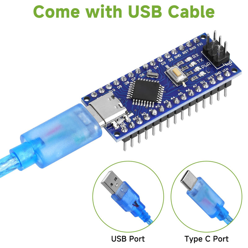5pcs Nano V3.0 Board with Cable ATmega328P MCU CH340G Chip 5V 16M Microcontroller Compatible with Arduino Nano (Soldered, Type-C Port) 5pcs Type-C