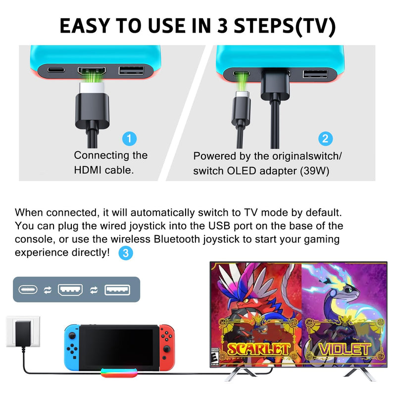 TV Dock Station for Nintendo Switch, Portable TV Docking Station Replacement with 4K HDMI Adapter/USB 3.0/ USB-C Port,Replacement Charging Dock for Nintendo Switch (Blue Not for Switch2) Blue