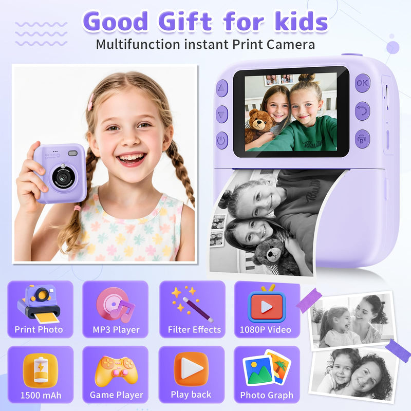 Instant Print Camera for Kids, Christmas Birthday Gifts for Girls Boys, 1080P Instant Digital Print Cameras for Toddler,Portable Toy for 4 5 6 7 8 9 10 Year Old Girl with 32GB SD Card，Purple Purple