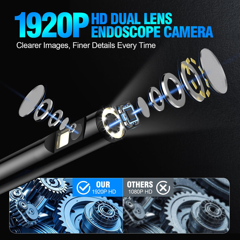 Endoscope Camera with Light, 1920P HD Borescope with 8 Adjustable LEDs, Semi-Rigid Snake Cable, IP67 Waterproof Inspection Camera for iOS & Android - 16.4FT-Dual Lens Black