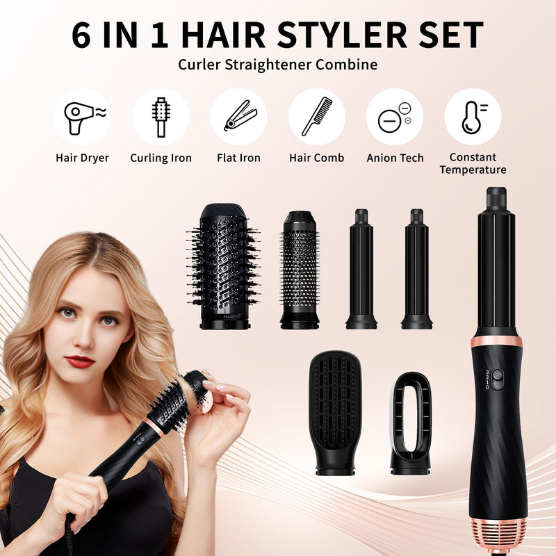 2026 New Thermal Brush - 6 in 1 Airstyler Hot Air Brush Set - Hair Styler Styling Brush Set with Hair Dryer-Blow Dryer Hair Curler Hot Brush Massage for All Hair Types Volumizing/Curling/Straightening Black