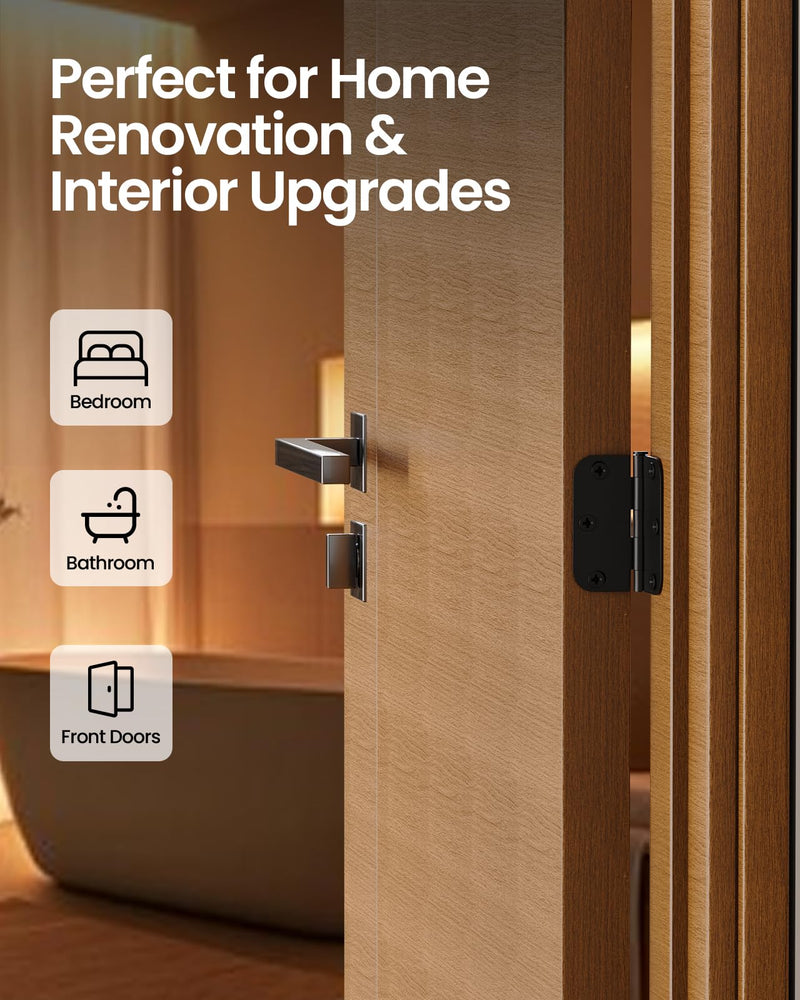 Black Door Hinges - 48 Pack 3.5 Inch Rounded with 5/8" Radius Matte Black Door Hinges for Interior and Exterior Doors - Heavy Duty 3 1/2" Residential Door Hardware