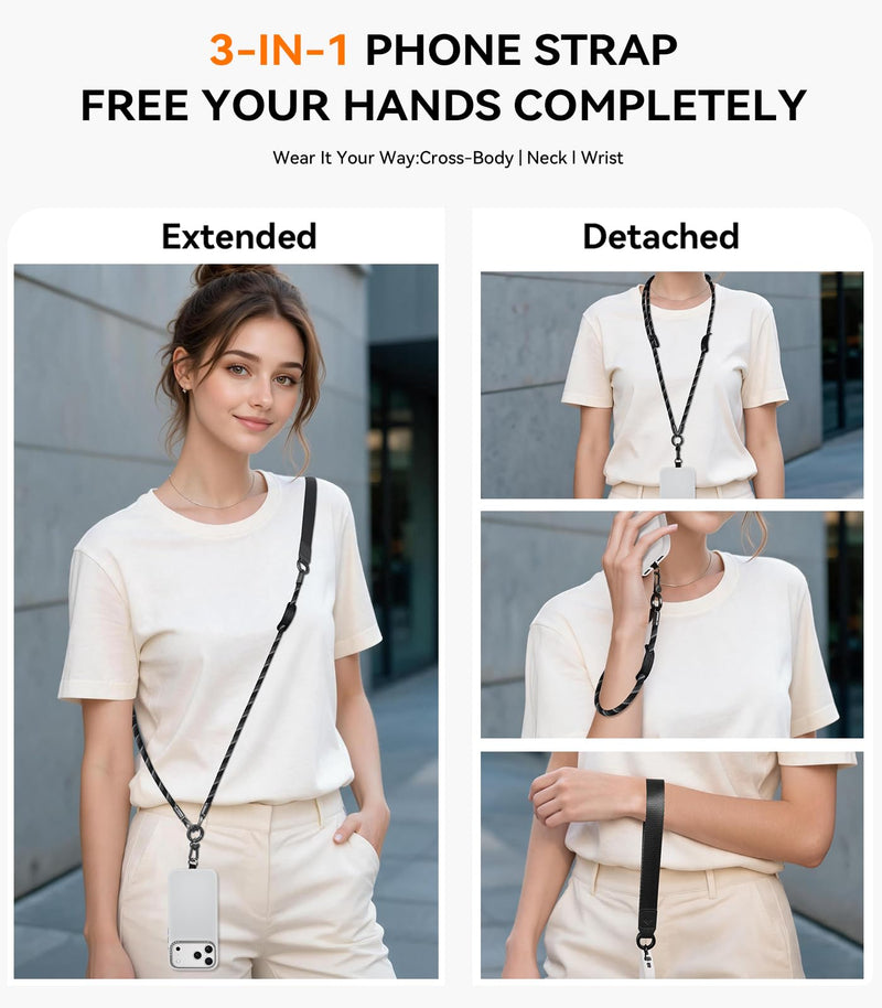 memumi 3-in-1 Anti-Theft Phone Lanyard Crossbody & Wrist Strap for iPhone & Android, Adjustable 32.6–63.7" Neck Strap, 20mm Wide Shoulder-Friendly Band with 2 Non-Scratch Phone Tabs – Midnight Black