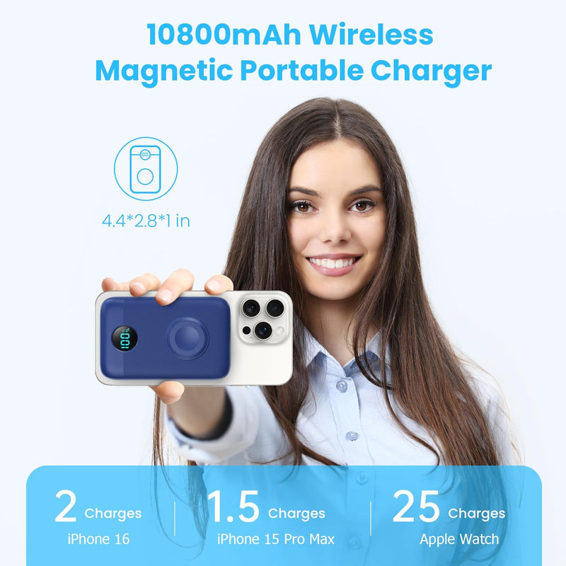 Magnetic Portable Charger with Apple-Watch Charger,10800mAh 25W PD Fast Charging Wireless Power Bank,4 Outputs Travel Essential Battery Pack for Magsafe,iPhone 17/17 Pro Max/16/15/14/13/12 All Series Blue 10800 Milliamp Hours