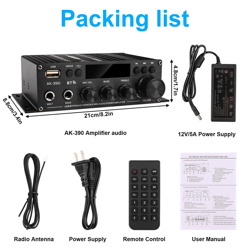 Stereo Audio Amplifier, 2.0 CH Mini HiFi Stereo AMP Bluetooth 5.0 Amp Receiver with 400W+400W, FM, AUX, USB, Microphone Input, 12V 5A Power Supply, Power Amplifier for Car Home Bar Party 400W*2