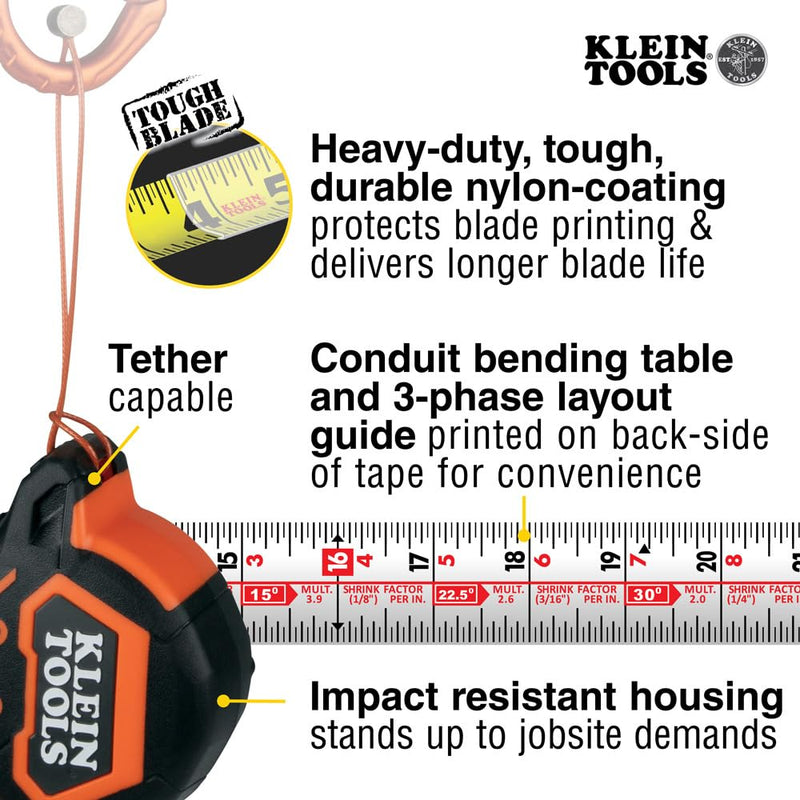 Klein Tools 9230 Tape Measure, Heavy-Duty Measuring Tape with 30-Foot Double-Hook Double-Sided Nylon Reinforced Blade, with Metal Belt Clip