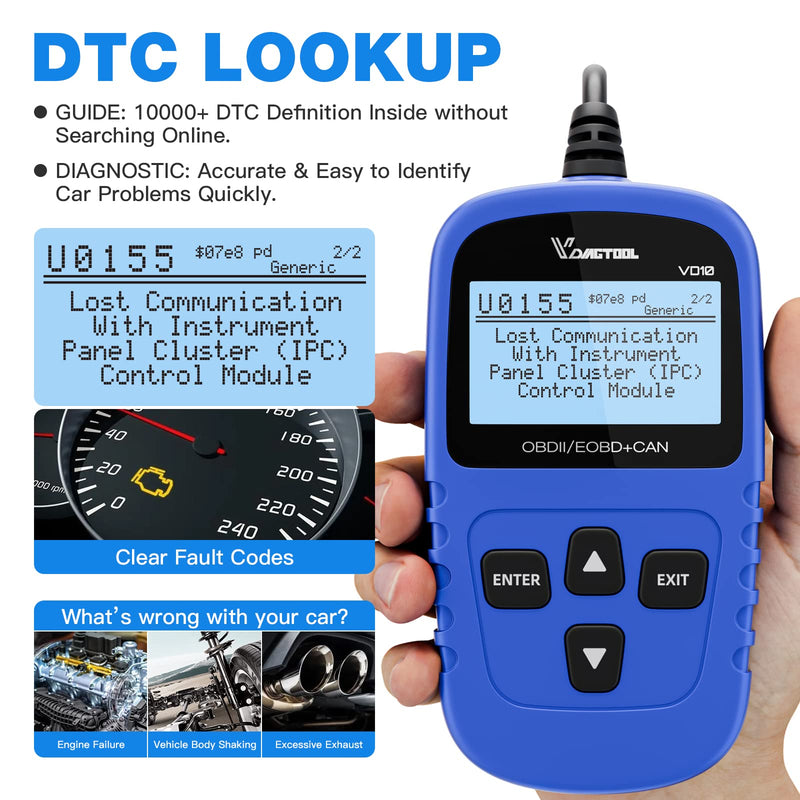 VDIAGTOOL VD10 OBD2 Scanner Code Reader Car Diagnostic Tool Engine Fault Code Reader for Turn Off CEL with Live Data/Freeze Frame/I/M Readiness for All OBDII Protocol Cars, 2024 New Version Blue