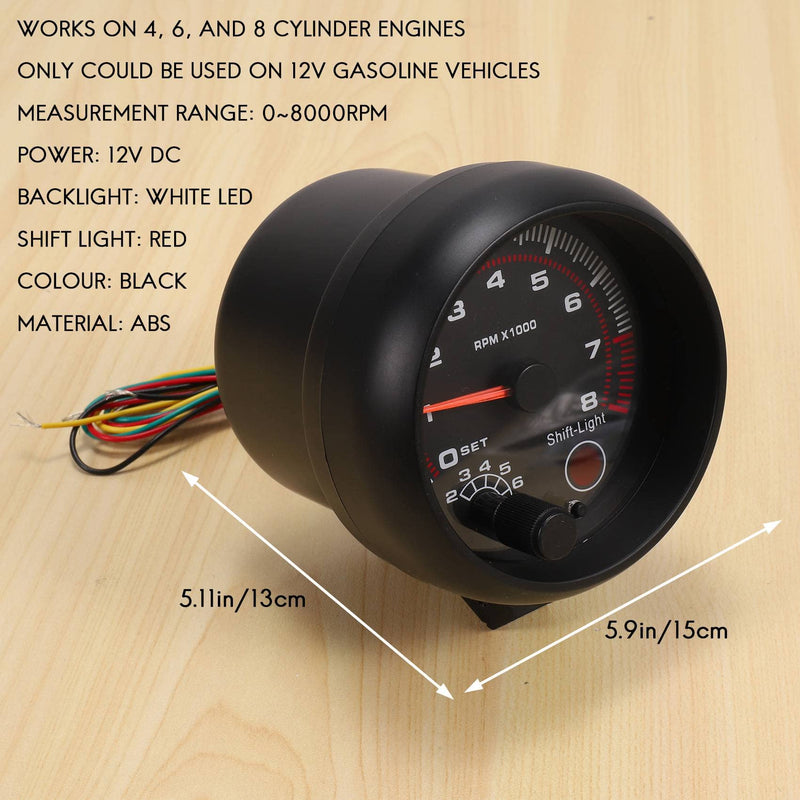 Universal 3.75" 12V White LED Backlit Tachometer Gauge with Red Shift Light for Auto Gasoline Car, 0-8000 RPM