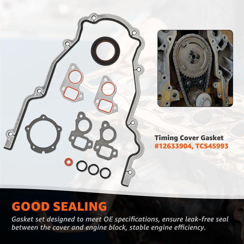 Timing Cover Gasket Set & Camshaft Retainer Plate Gasket Fits 4.8L 5.3L 5.7L 6.0L 6.2L LS Gen III IV V Engine - LS1 LS2 LQ4 LQ9 LS3 L92 L94 L76 L77 LY6 L96 Replace# TCS45993 12633904 12589016