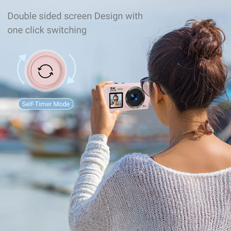 5K Digital Camera for Photography, 80MP Dual Screen Vlogging Camera for YouTube with WiFi, 16X Digital Zoom, Beauty Function, 2.8-inch Screen, Fill Light Includes 32GB Card & 2 Batteries (Pink) Pink