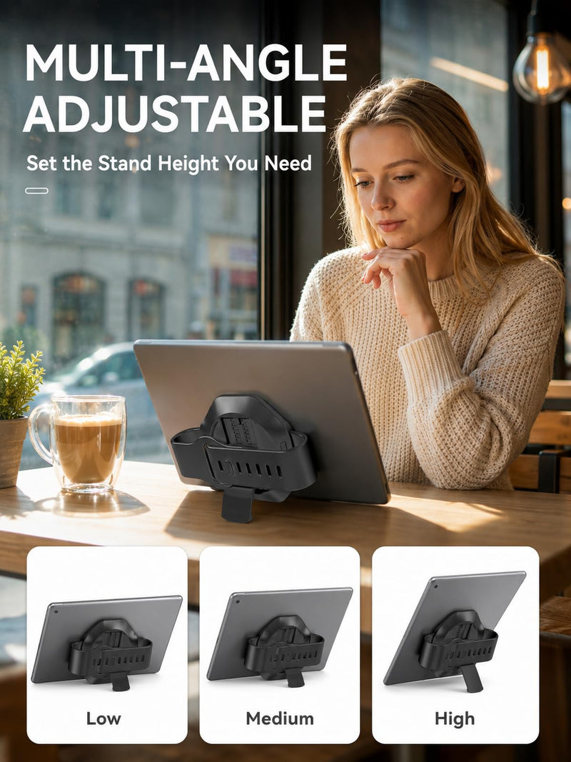 Tablet Hand Strap Holder and 360° Rotating Stand, Black | 360° rotating grip with silicone band and nano adhesive pad; fits iPad, Galaxy Tab, Xiaomi, Vivo and Huawei tablets.