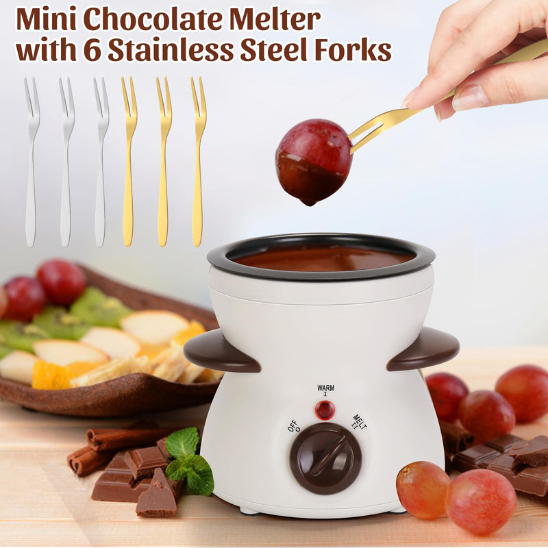 Mini Chocolate Fondue Pot Electric Chocolate Melting Pot with 6pcs Artistic Forks Perfect for Children's Party Christmas Gifts (White)