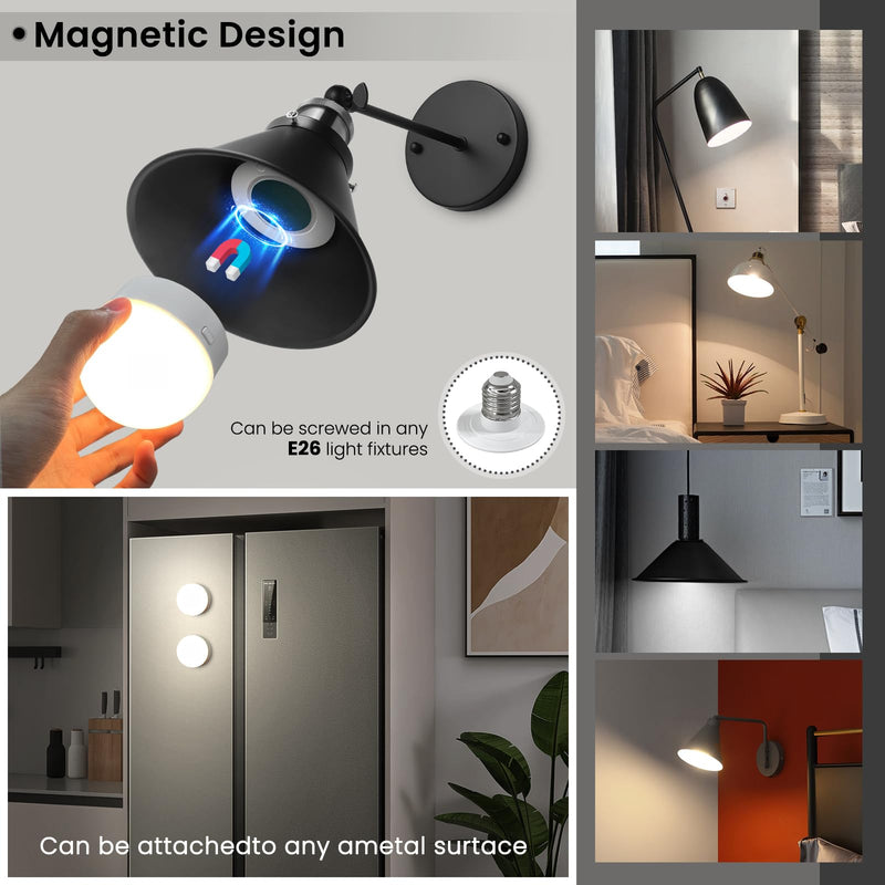Rechargeable Battery Operated Light Bulb with Remote, Last 18-50 Hours 3000mAh Wireless LED Bulb with Timer and 15 Color Temperature, dimmable, Magnetic Puck Light for Non-Hardwired Fixture, 4 Pack White