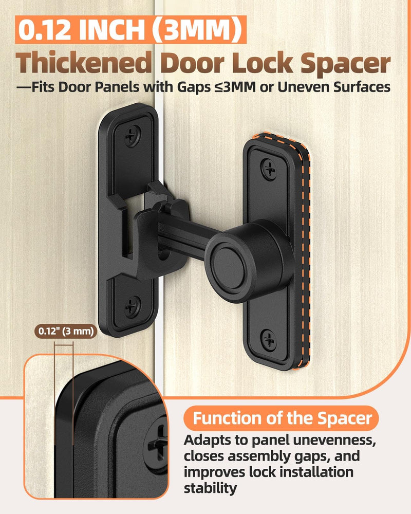 Heavy-Duty Barn Door Lock & Sliding Door Lock, 90/180° Flip Privacy Latch - Extra Thick Zinc Alloy for Bathroom, Bedroom, Shed, Cabinets, Garden Gate, Pet House. Includes Screws & Spacer (Black-1PC) Black-1PC