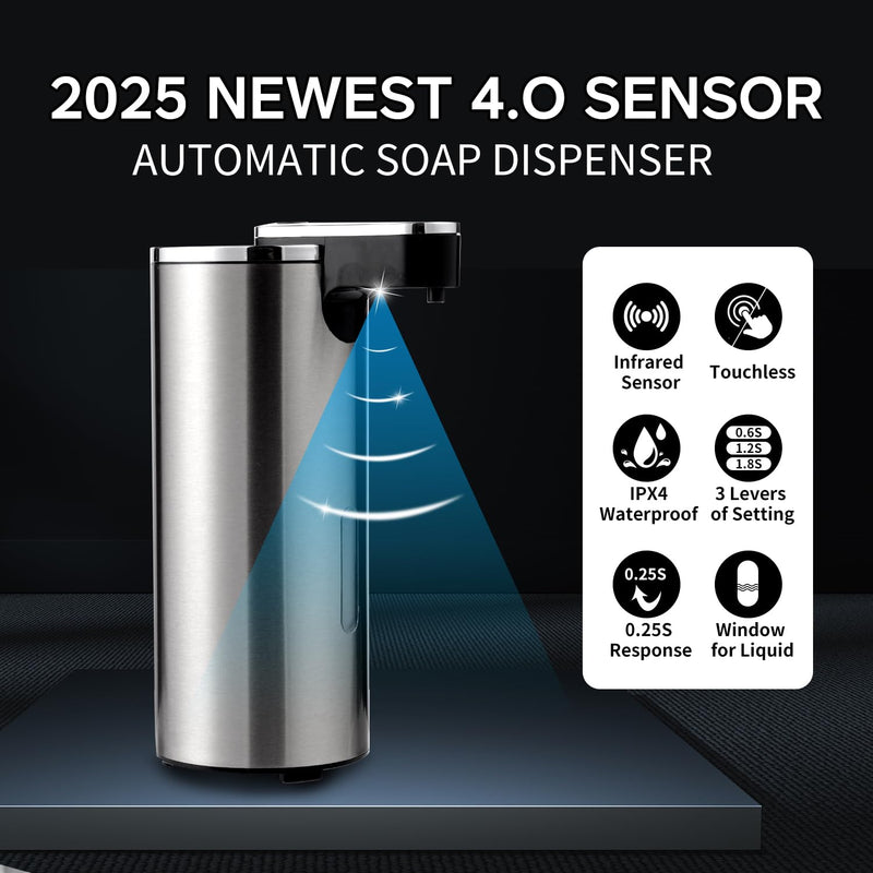 Automatic Soap Dispenser, Automatic Soap Dispenser Touchless, Kitchen & Bathroom, 3 Adjustable Volume for Liquid Soap, Water-Resistant, Hotel, Restaurant and School, Clog-Free, Stainless Steel
