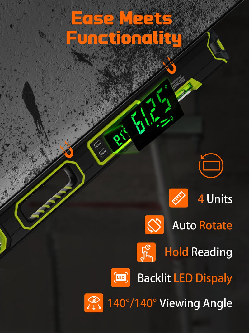 Mecurate 10-Inch Digital Level, Portable Electronic Angle Finder with Backlit Display, ±0.1° Accuracy, Magnetic Base, 4 Measurement Units, Compact Torpedo Smart Level Tool for DIY & Professional Use Orange