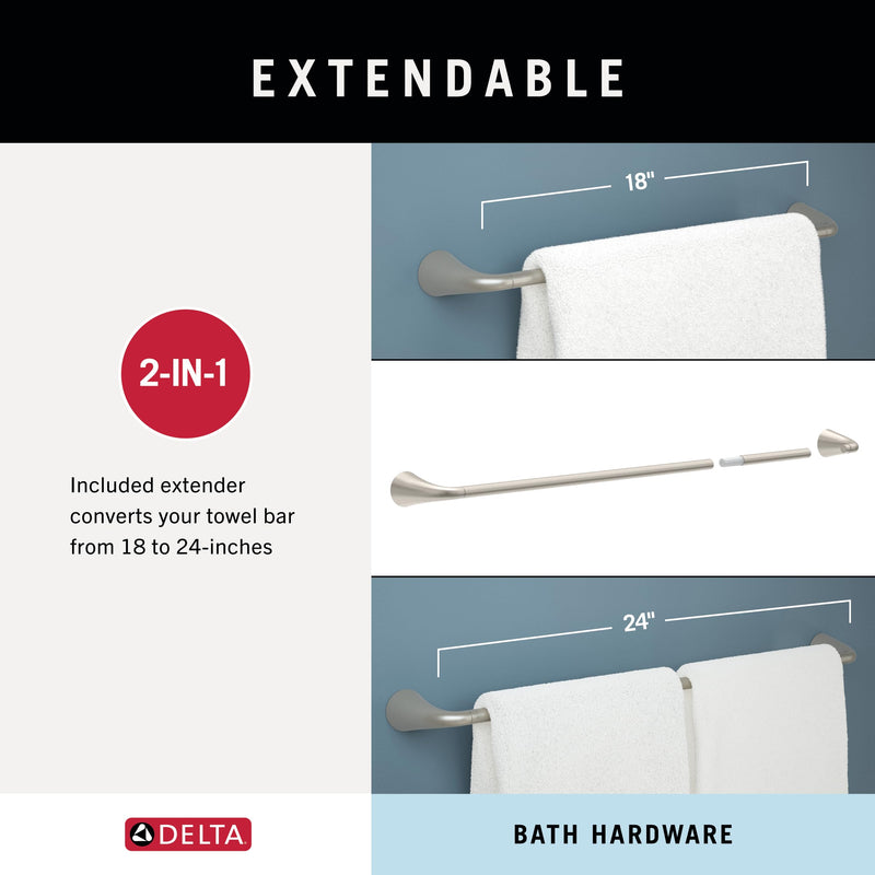 Delta Arvo (1-Pack) 18'' w/ 6" Extender Towel Rack for Bathroom SpotShield Brushed Nickel Extendable 18-24" Towel Bar for Bathroom Wall Towel Holder Rod Wall Mounted ARV18-DN