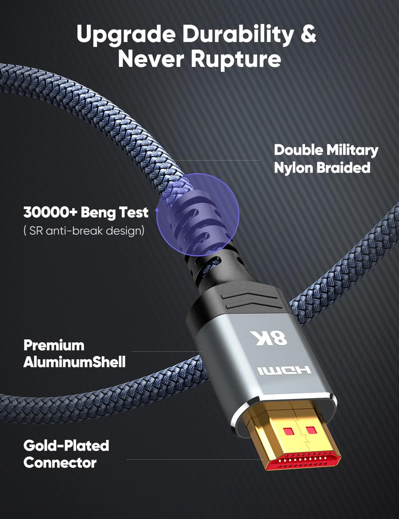 Highwings 8K HDMI 2.1 Cable 15FT 2-Pack, Slim Ultra High Speed HDMI Braided Cord-48Gbps,4K@120Hz 8K@60Hz, HDCP 2.2&2.3, Dynamic HDR,eARC,DTS:X,RTX 3090,Compatible with Roku TV/HDTV/PS5/Blu-ray 15 feet Grey
