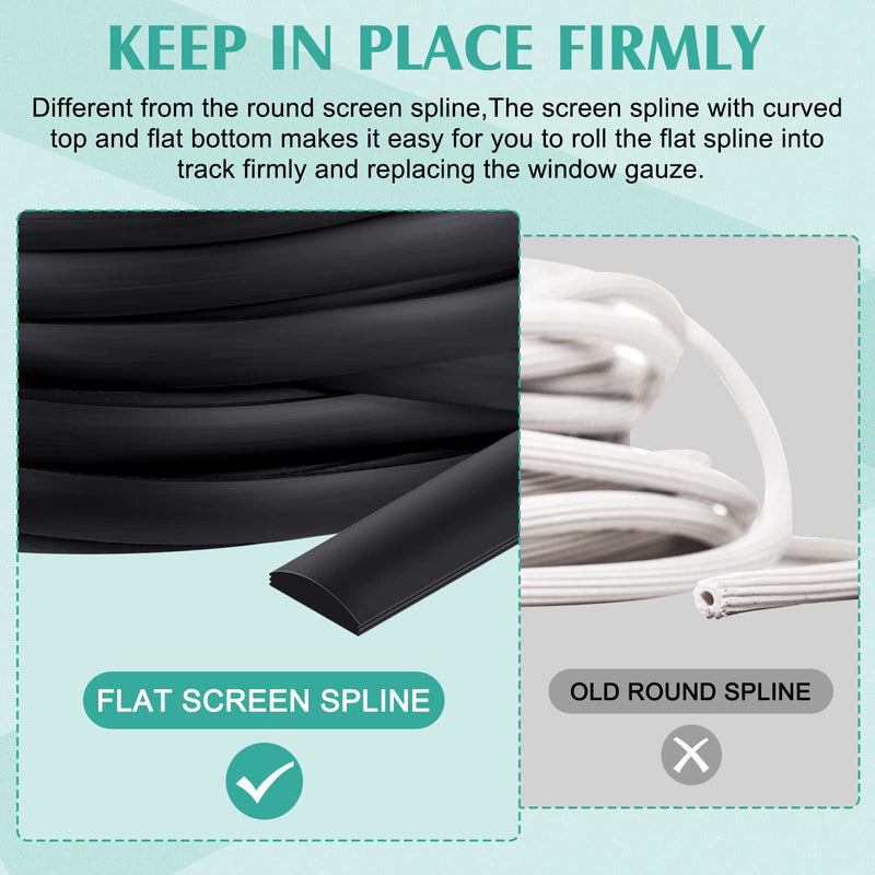 Yaomiao 0.29'' Width Flat Screen Spline Black Vinyl Screen Spline Flat Bottom and Curved Top Edge Window Screen Spline for Replace Glass Screen on Windows or Patio Screen Doors, 0.092 Thick (150ft) 150ft