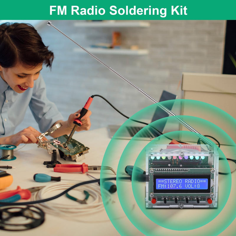 FM Radio Kit, ICSTATION Soldering Projects Radio with LED Flashing Lights DIY Radio Kit LCD1602 Display FM 87-108MHz Soldering Practice Kit for Back to School Solder Education Creative Present