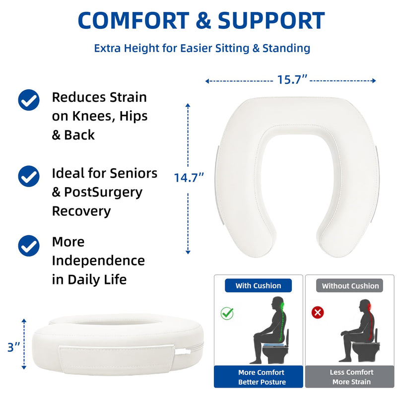 3-Inch Padded Raised Toilet Seat Cushion for Seniors, Firm High-Density Foam Toilet Seat Riser with Waterproof Cover, Easy to Clean, Fits Standard and Elongated Toilets (White) White 3 inches