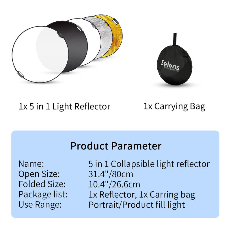 Selens 32 Inch (80cm) Reflector Photography, Collapsible Light Reflector with Carrying Case, 5 in 1 Handle Reflector for Photography Photo Studio Lighting -Translucent, Silver, Gold, White and Black