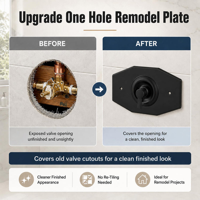 One-Hole-Remodel-Cover-Plate Compatible with Moen & Delta Shower Valve Trim Single Hole Renovation Shower Cover Plate for 2 Handle or 3 Handle Shower(Black) Black