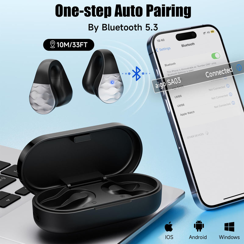 aigo Wireless Headphones Bluetooth Earbuds, Open Ear Clip Earphones for iPhone/Android/Computer, Sport Ear Buds Built-in Mic, Noise Canceling, Waterproof, Wireless Charging, Black Headset