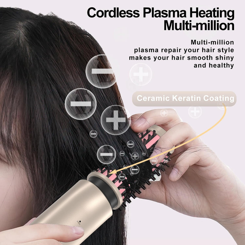 3 in 1 Cordless Hair Styler for Curling & Straightening, 40MM Thermal Brush Curling Wand with 4 Temperature Adjustable, Portable Travel Hot Brushes for Hair Styling Gold