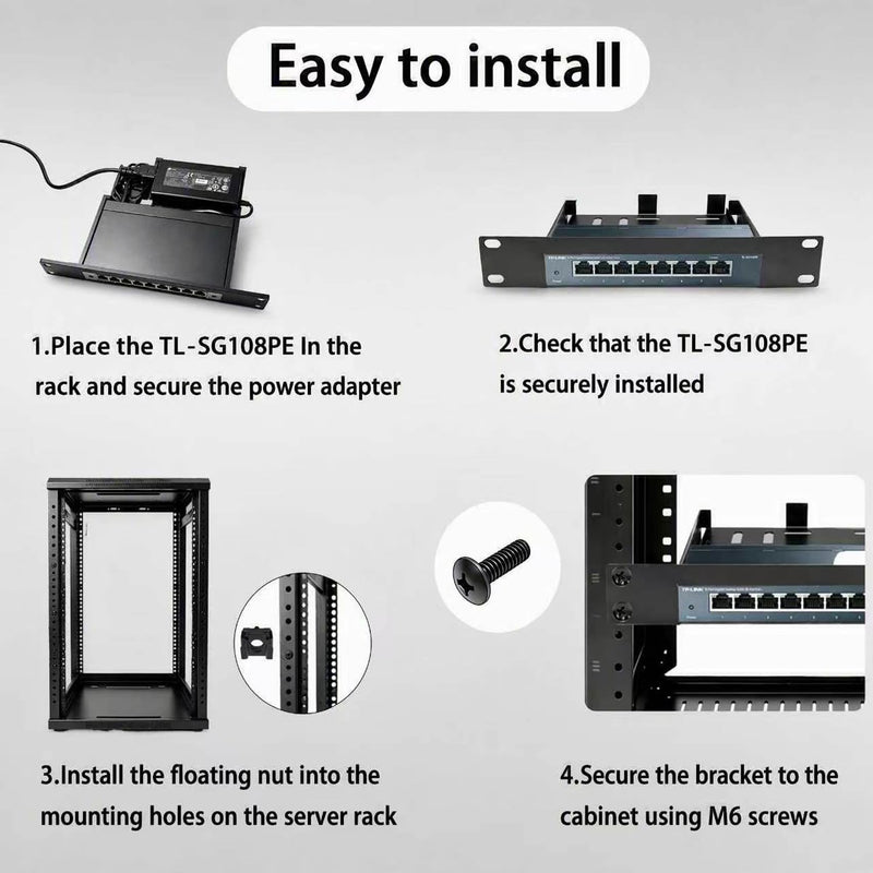 10 inch 1U Metal Network Rack Mount for TP-Link TL-SG108PE TL-SG108 Switch | Add space for power adapter placement, Open Frame Design, Enhanced heat dissipation, Anti-fall baffle