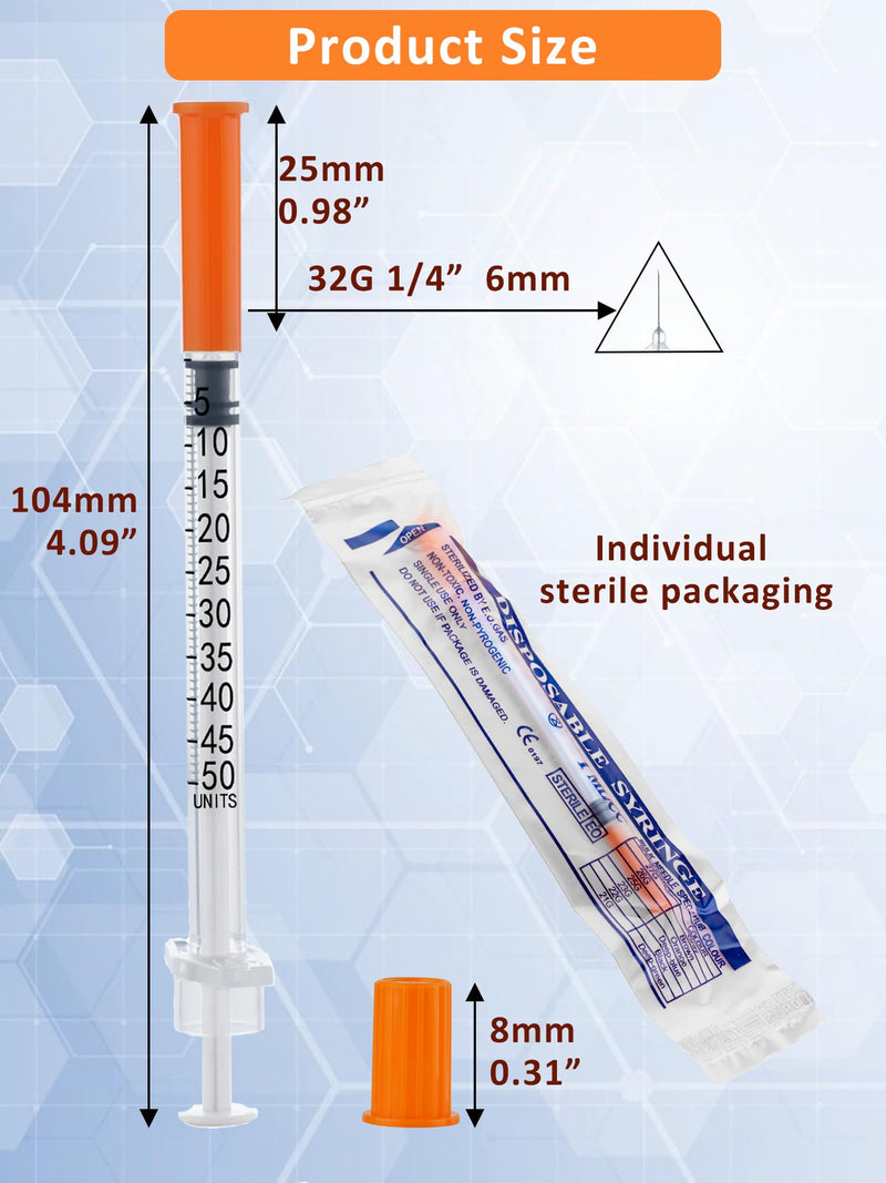 100 Pack 0.5ml Disposable Syringe, 32G 0.5cc 1/4 Inch (6mm) Lab Supplies Syringes, Individually Wrapped 0.5ml 32g 1/4inch 100