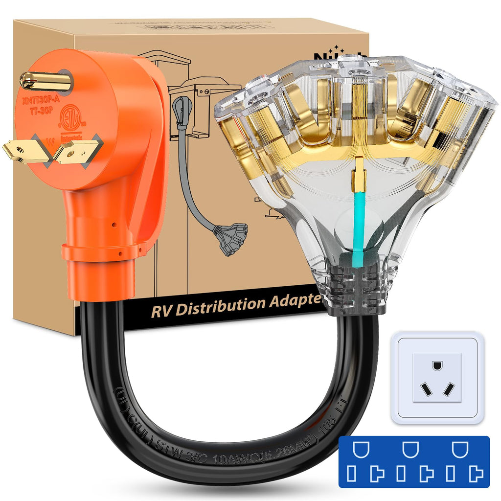 Nilight 30 Amp to 110V RV Adapter Cord 30 A to 15A RV Distribution Adapter Cord 3 Prong TT-30P Male to 3X 5-15R/5-20R Female ETL Listed for RV Camper Generator Household Outlet TT-30P to 5-15R/5-20R 3Prong