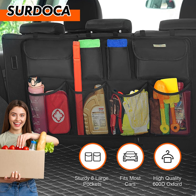 SURDOCA Car Trunk Organizer, 3rd Gen [7 Times Upgrade] Super Capacity Car Organizer SUV, Equipped with Robust Elastic Net, Hanging Car Storage Organizer with Lids, Space Saving Expert Black L-35.5x18.2in
