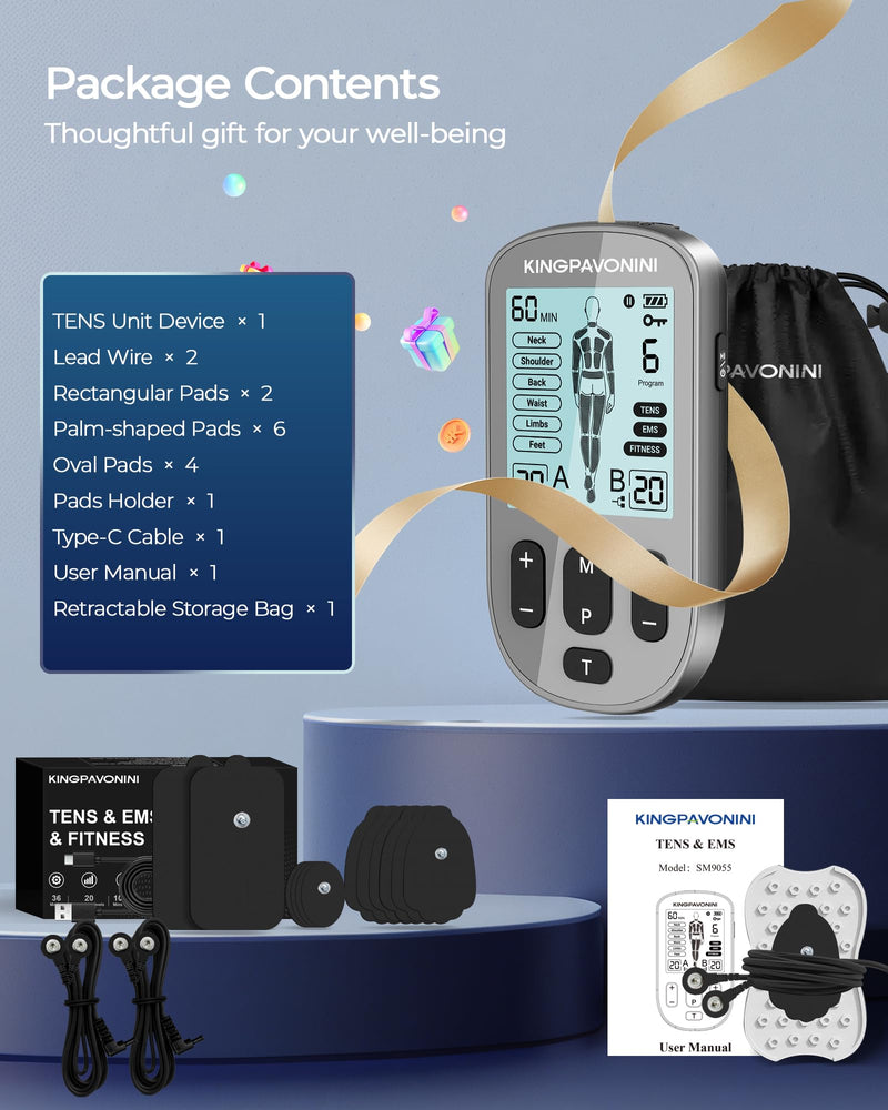 KingPavonini 3-in-1 TENS Unit Muscle Stimulator for Pain Relief Therapy, Dual Channel 36 Modes TENS Machine with 12 Pads, Rechargeable & Portable EMS Muscle Stimulator for Back, Shoulder, Neck Grey