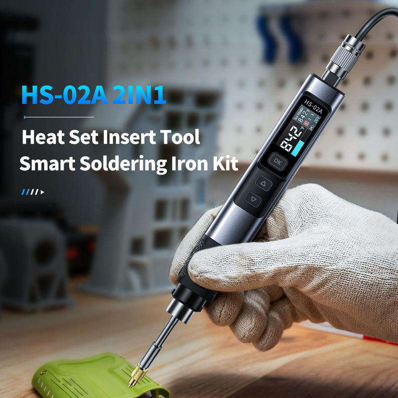 FNIRSI HS02 100W Corded Heat Set Insert Tool & Soldering Iron Kit，Adapter Powered, for 3D Printer, Plastic, Electronics Repair, 3 Preset Temps, 3S Fast Heating, M2-M8 Threaded Brass Insert Nuts