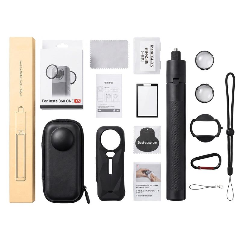 Camera Protective Kit Compatible with insta 360 x5 accessories Starter Kit include（Silicone Case,Screen Protector,Lens Guard,1.2M Invisible Selfie Stick with Tripod）for 360 X5 Action Camera