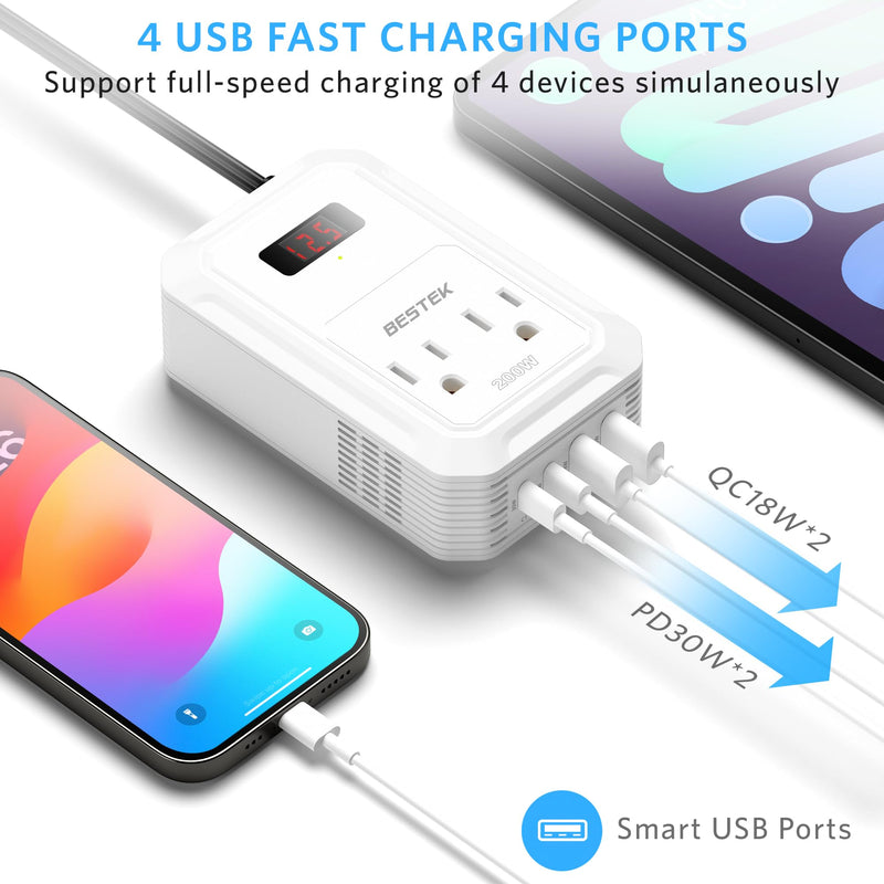 BESTEK 200W Car Power Inverter - DC 12V to 110V AC Converter with 2 USB-C(30W) and 2 USB-QC(18W) - Fast Car Charger Adapter with LCD Screen, Dual AC Adapter for Laptops White