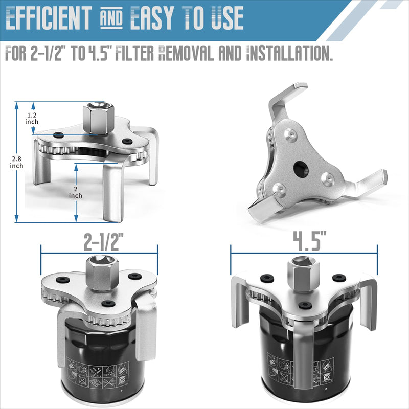 Universal Oil Filter Wrench Adjustable, from 2-1/2 inch to 4.5 inch 3 Jaw Oil Filter Removal Tool Set, Efficiency 2 Way Oil Filter Wrench Silver