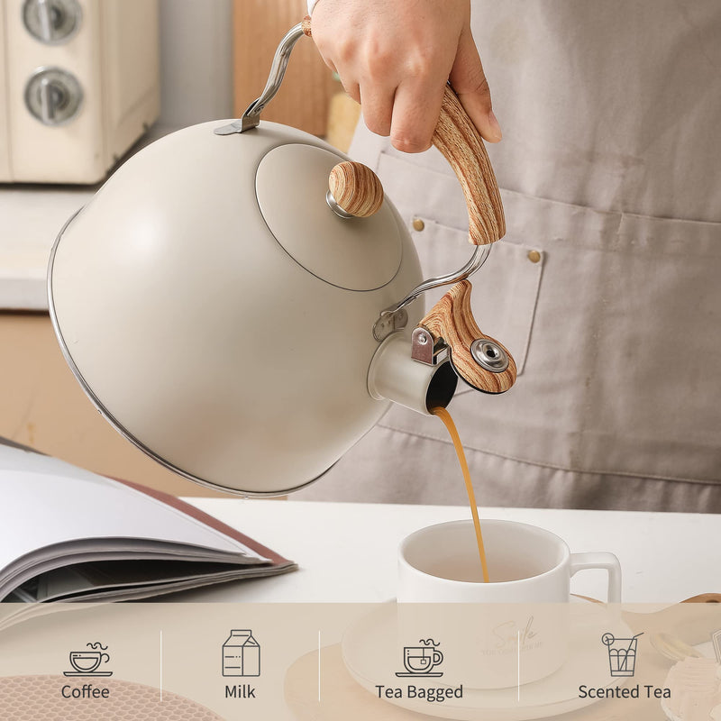 LONFFERY Tea Kettle for Stove Top, 2.5 Quart Whistling Tea Kettle, with Food Grade Stainless Steel and Wood Pattern Folding Handle, Creamy White Creamy White - 2.5 QT