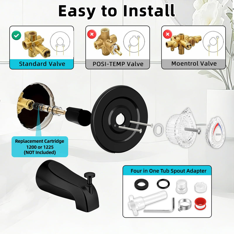 Shower Trim Kit and Tub Spout, Compatible with Moen T470 Chateau Shower Trim kit, for Moen 1225 Trim Kit, Includes Escutcheon, Tubes, Shower handle and Screws (Matte Black) Matte Black