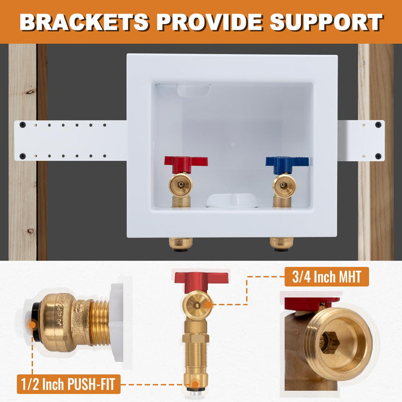SUNGATOR Push-Fit Laundry Washer Valve Box, Washing Machine Outlet Box with Center Drain, 1/2 Inch Push-Fit Inlet x 3/4 Inch MHT Outlet, with 2 Disconnect Clips