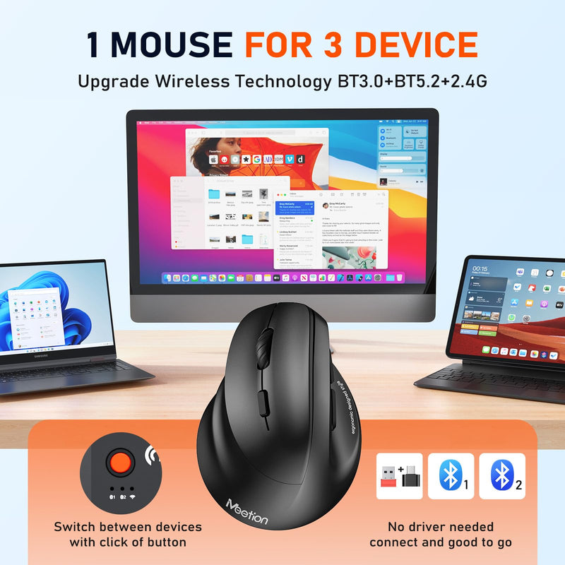MEETION Left-Handed Ergonomic Mouse, Vertical RGB Wireless Design, Black | Comfortable vertical grip for left-handed users, rechargeable battery, Bluetooth 5.2/3.0, USB-A receiver, 4 DPI settings