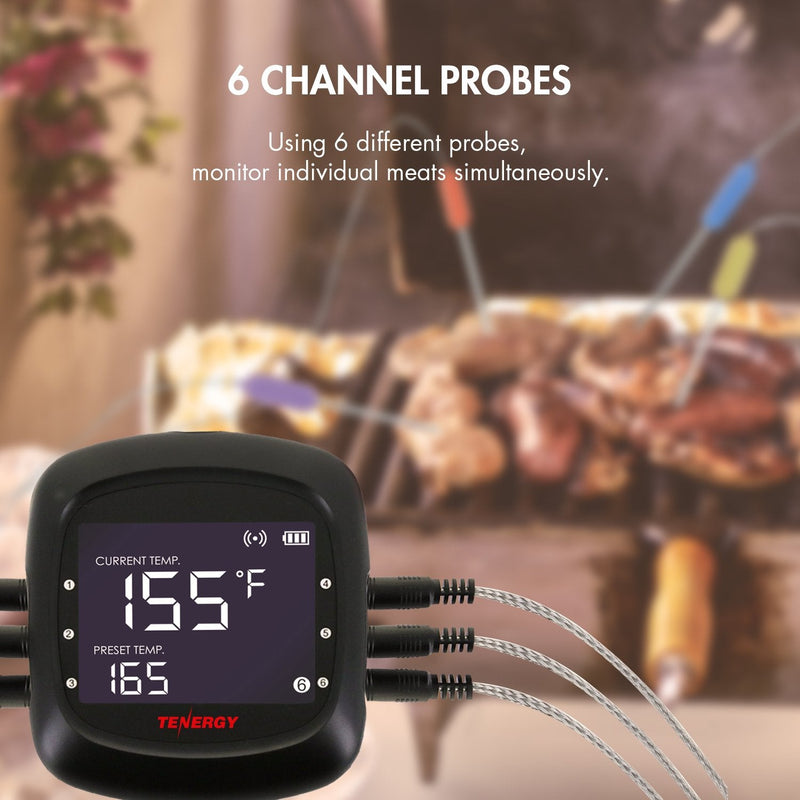Tenergy Solis Digital Meat Thermometer, APP Controlled Wireless Bluetooth Smart BBQ Thermometer w/ 6 Stainless Steel Probes & Carrying Case, Cooking Thermometer for Grill & Smoker 1 x Thermometer + 6 x Probes