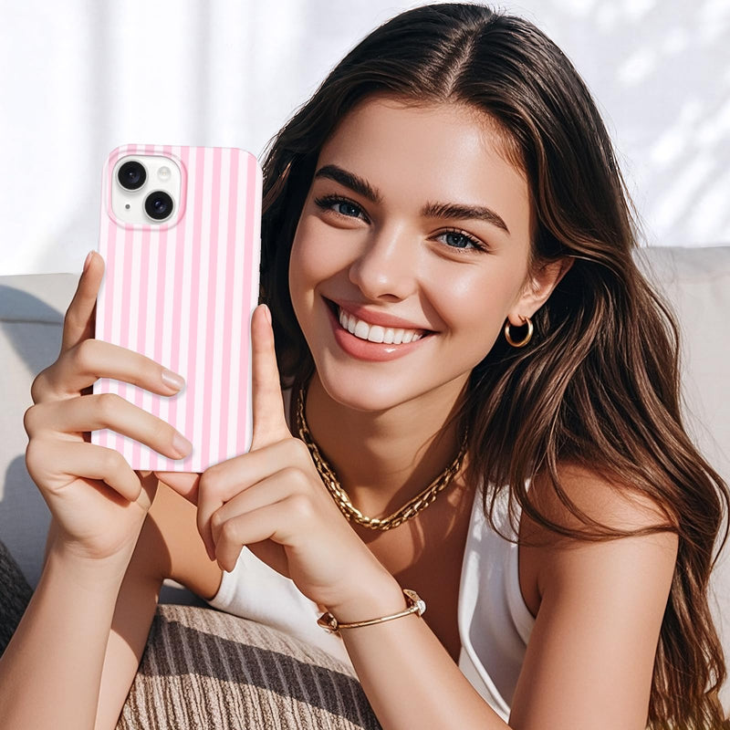 Anuck for iPhone 15 Case Cute Striped Phone Case Girly Aesthetic Vertical Stripe Pattern Design for Women Girls, Soft TPU Shockproof Rubber Bumper Protective Cover for iPhone 15 6.1" - Pink White Pink/White