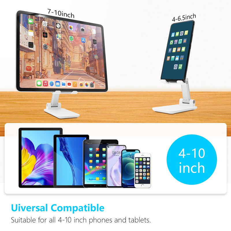 Cell Phone Stand, Folding Desktop Phone Stand, Angle Height Adjustable Mobile Phone Holder for Desk, Office, Tablet Stand Compatible with All Phones 4-10’’ Cellphone & Tablet (White) B-White