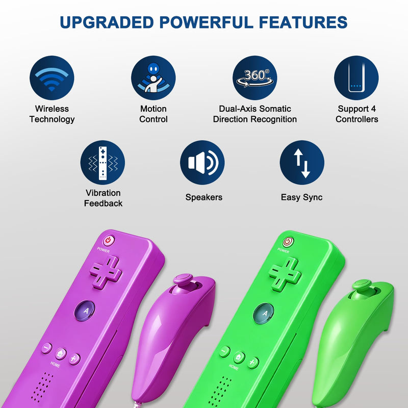 ZeroStory 2 Pscks Remote Controller Build in Motion Plus and Nunchuck for Wii/Wii U, Gamepad with Silicone Case and Wrist (Purple and Green) Purple&Green