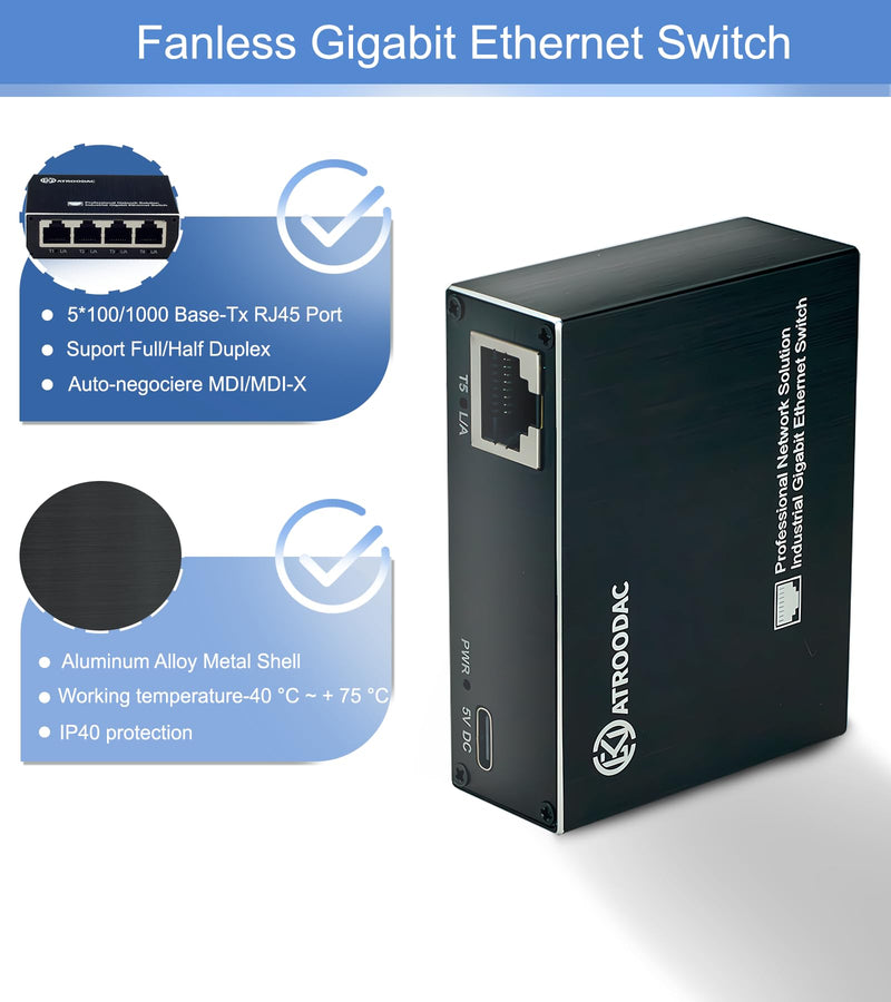 Mini Ethernet Switch 5 Ports Gigabit Enhanced Protection 10/100/1000 Mbps Unmanaged Network Switch Plug & Play Office Ethernet Splitter Fanless Silent Metal Case Network Hub Desktop Design 5-Ports, Protection Enhanced(non poe)