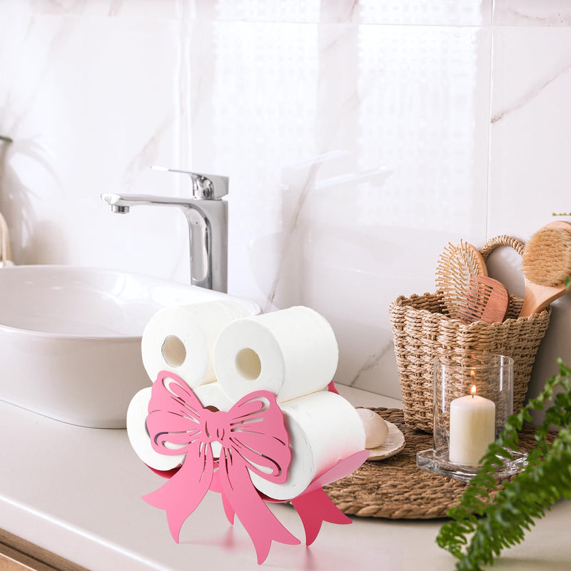 Geelin Pink Bow Bathroom Decor Pink Toilet Paper Holder Metal Paper Storage Wedding Bow Bathroom Decor 8 Rolls Toilet Tissue Holder Wall Mounted for Restroom Bedroom Coquette Home Decoration