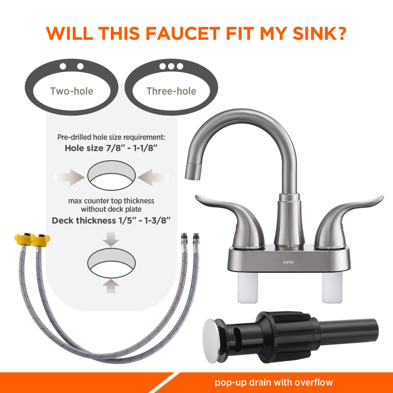KPW Bathroom Sink Faucet 2 or 3 Hole Brushed Nickel Centerset 4 Inch Bathroom Sink Faucet 2 Handle Over ABS Non-Metallic Lavatory Bathroom Faucet with Pop up Drain Water Supply Hoses Two Handle 5121 Brushed Nickel